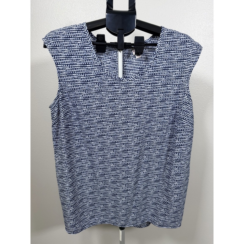 Merona Blouse Womens 2XL Blue White Geometric Print Scoop Neck Keyhole Back‎